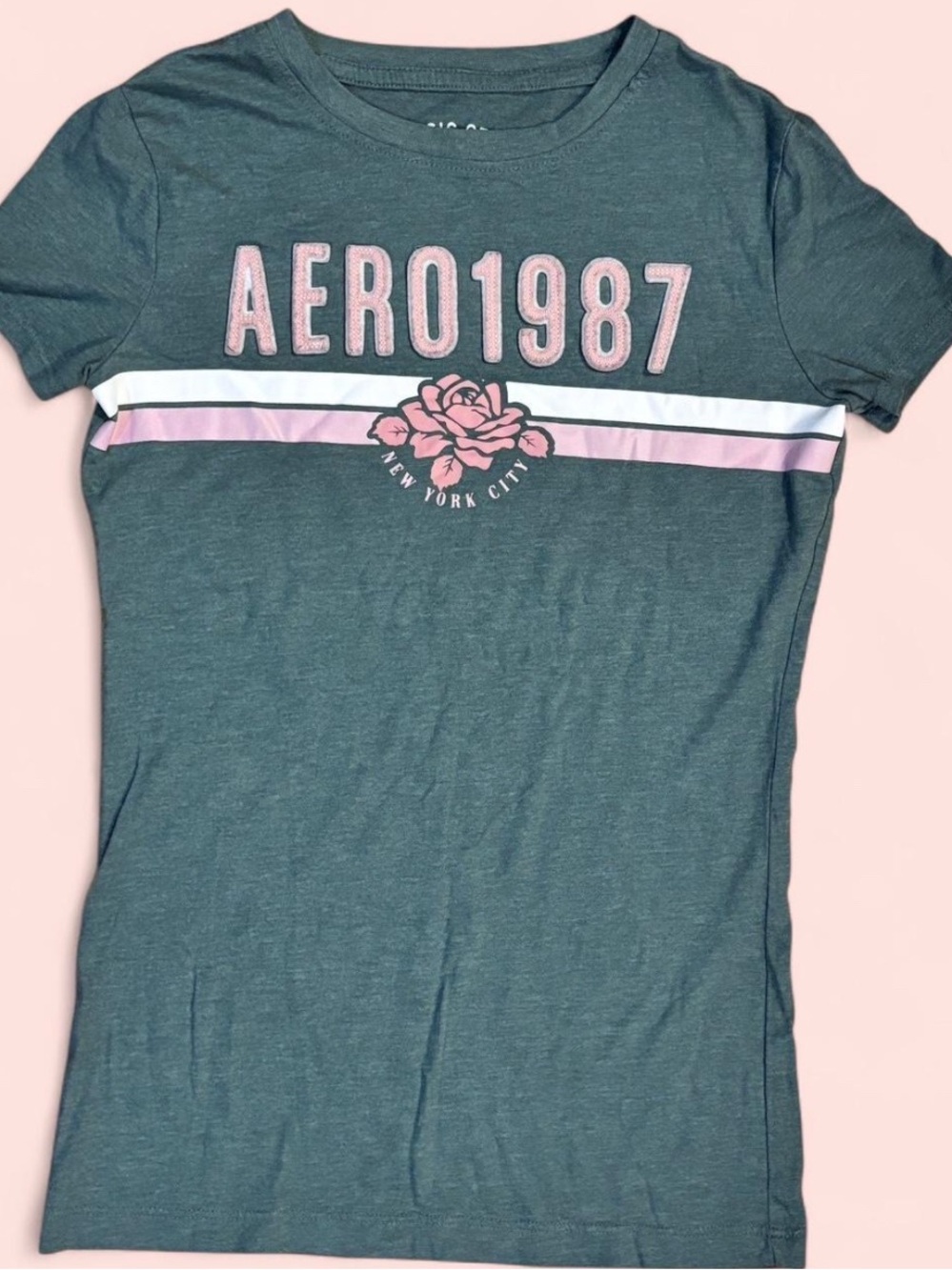 Aeropostale Charcoal Gray AERO 1987 Tee with Pink Rose Stripe
